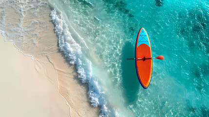 An orange and blue paddleboard on the beach, a bird's eye view, high definition photography, clean white sand, clear turquoise sea water, waves lapping at shore edge, and a sense of calmness.