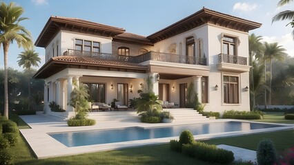 Fototapeta premium Architectural exterior design of a house front elevation of a palace with a crystal clear swimming pool filled with water 
