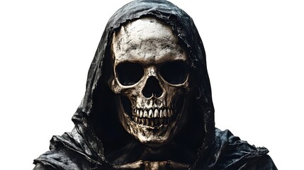 A skeletal executioner wearing a grim Halloween party mask, hyper-realistic, detailed bones, dark aesthetic, isolated on white background