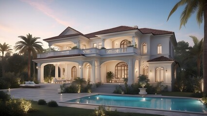 Architectural exterior design of a house front elevation of a palace with a crystal clear swimming pool filled with water 