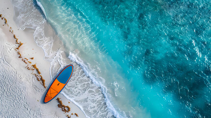 Fototapeta premium An orange and blue paddleboard on the beach, a bird's eye view, high definition photography, clean white sand, clear turquoise sea water, waves lapping at shore edge, and a sense of calmness.