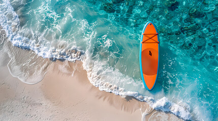 Obraz premium An orange and blue paddleboard on the beach, a bird's eye view, high definition photography, clean white sand, clear turquoise sea water, waves lapping at shore edge, and a sense of calmness.