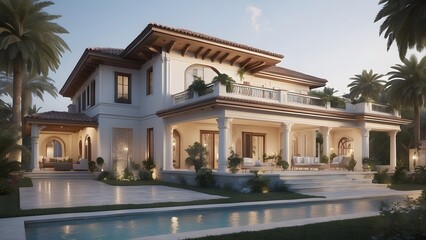 Obraz premium Architectural exterior design of a house front elevation of a palace with a crystal clear swimming pool filled with water 