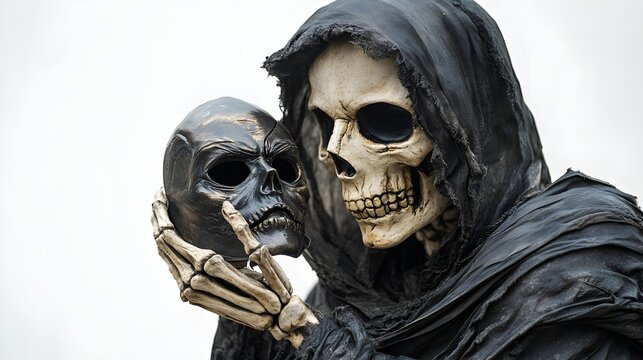A skeletal figure dressed as an assassin, holding a sinister Halloween party mask, fine detail in bones and fabric, dramatic lighting, isolated on white background