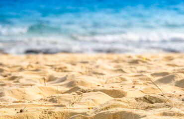 Nature of the beach and sea Summer with sunshine, sandy beaches, clear blue waters sparkling against the blue sky. On an island with good ecology and environment Background for summer vacation concept