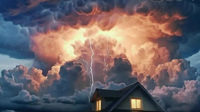 There is a cloud in the sky and there is a house for rain and on the cloud The clouds are thundering and the lightning is coming down. 4K video clip 