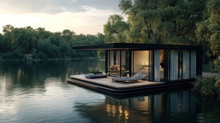 Fototapeta premium Modern glass house on a lake with sunset light.