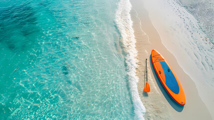 Obraz premium An orange and blue paddleboard on the beach, a bird's eye view, high definition photography, clean white sand, clear turquoise sea water, waves lapping at shore edge, and a sense of calmness.