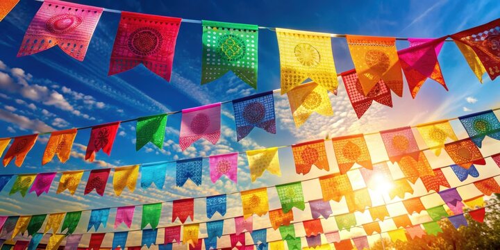 Colorful paper flags and garlands hanging in the air for Hispanic Heritage Month celebration, fiesta