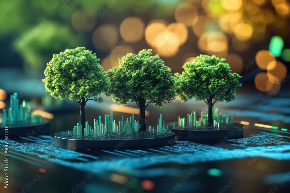 Poster digital trees and growth charts in 3d, symbolizing business growth analysis