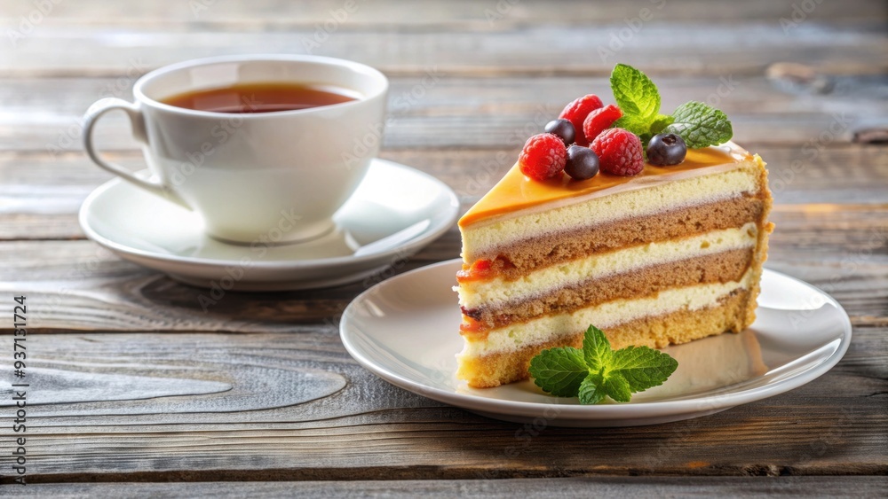 Sticker Delicious slice of layered cake with a beautiful cup of tea on the side, dessert, sweet, pastry, bakery, afternoon