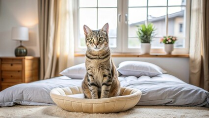 Cat sitting on cozy bed in bedroom , cat, bedroom, home, domestic, pet, comfortable, relaxing, furry, cute, sleeping, resting