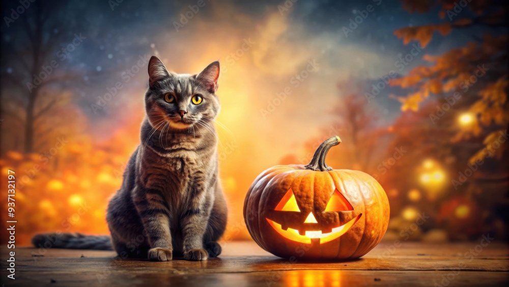 Wall mural Halloween cat with pumpkin on a spooky background, Halloween, cat, pumpkin, black cat, spooky