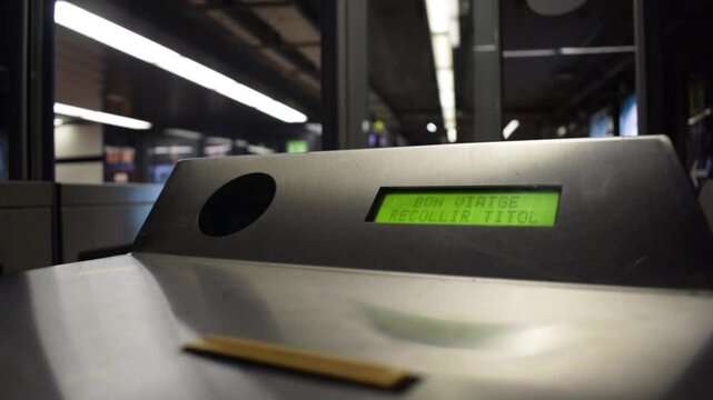 billete de metro en tarjeta de cart&oacute;n siendo validada por un torno y recogida por una mano mientras las puertas se abren