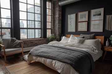 Minimalist Bedroom with Brown Leather Bed, Gray Walls, Black Accent Furniture, and White Framed Line Drawing of a Woman on the Wall.