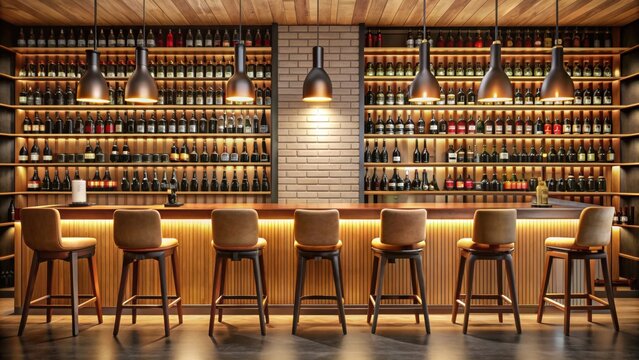 Bar with chairs and a wall of wine bottles, bar, chairs, wall, wine bottles, bar counter, interior design, alcohol, drinks