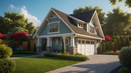 Small cottage house exterior design, real estate home exterior front elevation, wooden house cottage exterior design with grass lawn 