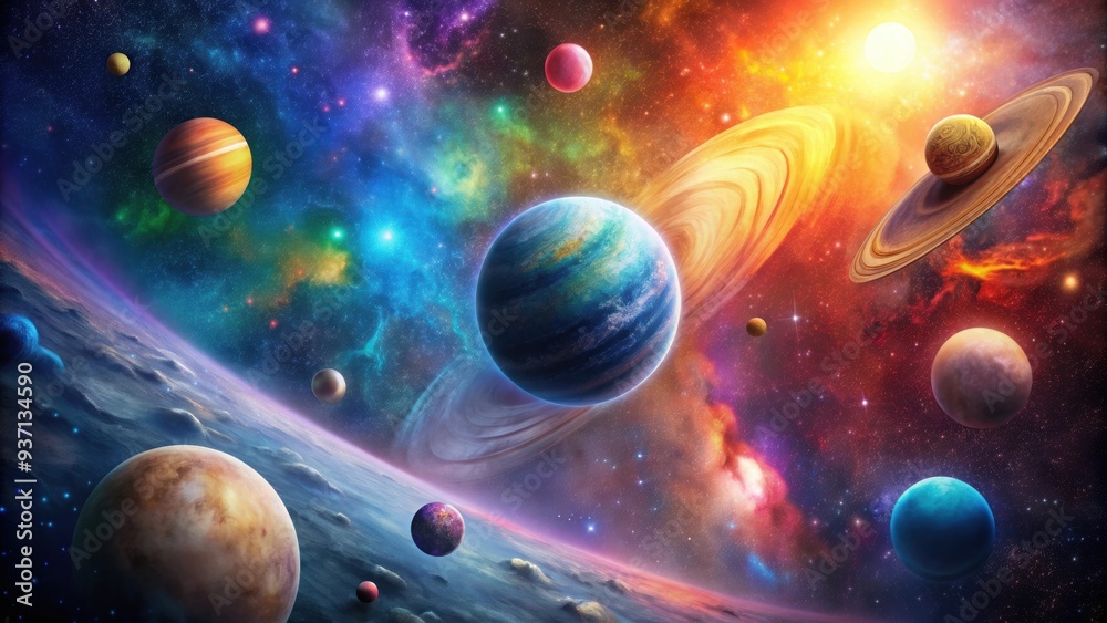 Poster Galaxy image with colorful planets in outer space, galaxy, planets, space, cosmic, universe, stars