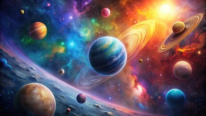 Galaxy image with colorful planets in outer space, galaxy, planets, space, cosmic, universe, stars