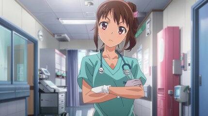 A female nurse in teal scrubs stands with arms crossed in a hospital corridor, displaying a confident demeanor influenced by her profession