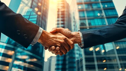 Sealing the Deal: Two businessmen solidify a partnership with a firm handshake, silhouetted against the backdrop of towering skyscrapers, symbolizing a bright and prosperous future. 