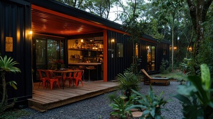 Fototapeta premium A modern cabin with a wooden deck and a bar counter in the background, surrounded by lush green foliage.