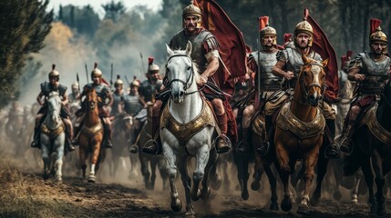 Historic roman army riding on horses