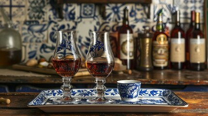 Fototapeta premium Traditional Portuguese Ceramic Tray Used to Serve Ginja Liquor