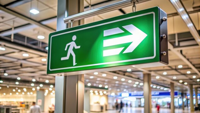 Direction sign to evacuation exit in shopping center, evacuation, exit, sign, direction, emergency, safety, guidance