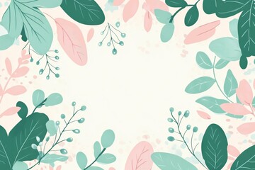 Fototapeta premium A lively green and pink spring wallpaper, featuring cartoon leaf patterns scattered on both sides, and a large blank space in the center for greetings