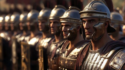 Roman Legionaries: A disciplined line of Roman soldiers in full armor, their faces etched with determination and resolve. A powerful image evoking strength, history, and military might. 