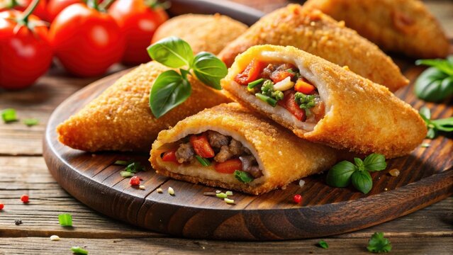 Close-up of crispy fried risoles filled with savory beef and vegetables, fried, risoles, goreng, pastry, stuffing, closed, sweet