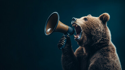 Fototapeta premium A bear passionately addresses a captivated audience with a megaphone, creating an unexpected moment of wild charisma in a dimly lit setting