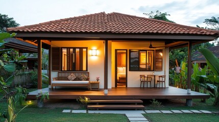 Obraz premium A modern wooden house with a terrace and garden.