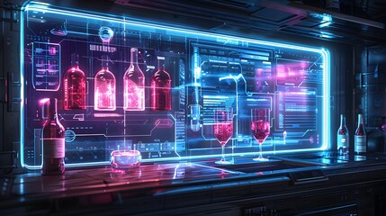 Futuristic Bar with Neon Lights and Digital Displays.