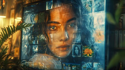 Woman's face on a digital screen with a grid pattern.