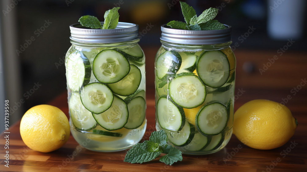 Wall mural Cucumber and lemon water, two jars of water infused with fresh slices of cucumber and lemon 