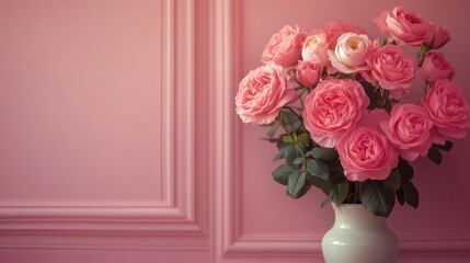 Obraz premium Beautiful pink roses in a vase set against a matching pink wall, creating a harmonious and sophisticated floral arrangement.