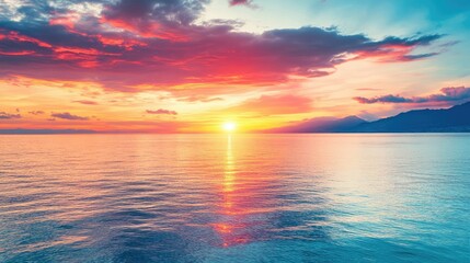 Obraz premium Beautiful sunset with vibrant colors over a calm sea, with space for text.