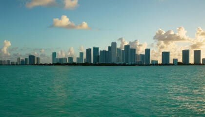  Elegant city skyline at sunset with calm ocean waters