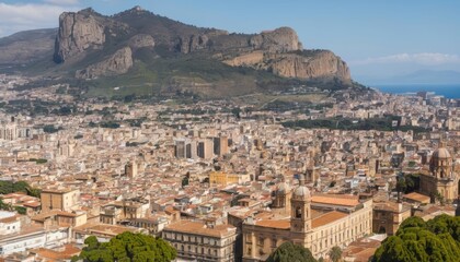 Obraz premium Vibrant cityscape with majestic mountain backdrop