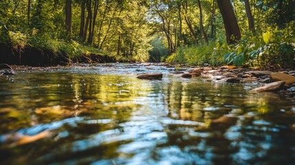 Fototapeta premium Clear water stream surrounded by trees, with room for copy space.