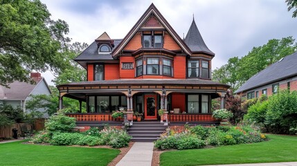 Obraz premium A red brick Victorian house with a wraparound porch and a lush green lawn.