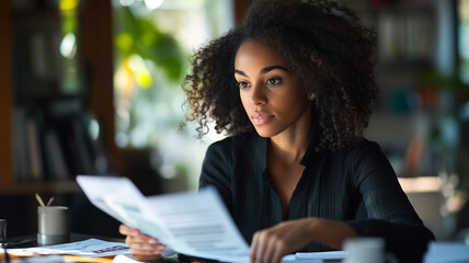 Focused young woman reviewing documents at a sunlit work desk surrounded by greenery in a cozy home setting