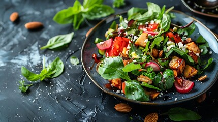 On a gloomy backdrop a humid food salad is presented in an almond halves