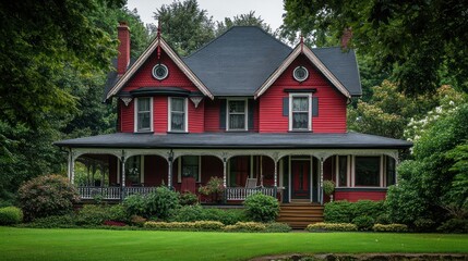 A red Victorian house with a large porch and a lush green lawn.