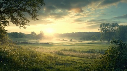 Obraz premium Early morning sun rising over a peaceful countryside, with room for copy.