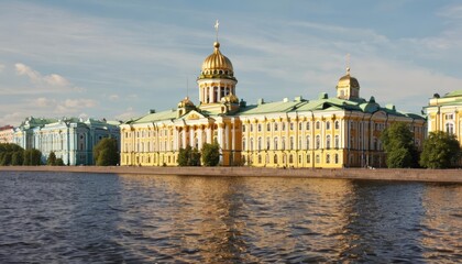 Obraz premium Elegant riverside architecture under a clear sky