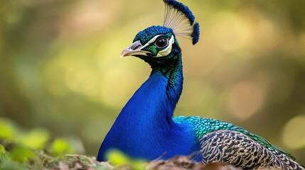 Obraz premium Elegant Indian peacock displaying its feathers, with ample copy space.
