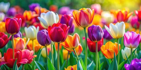 Vibrant mixed colors tulips blooming in a garden, tulips, flowers, garden, colorful, vibrant, spring, bouquet, flora